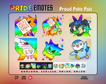 Poke Pal Pride Emotes x6 | Static Colorful Rainbow Stream Assets for Twitch, Discord & Youtube | Safe Space Love, Angry, Excited Emotes