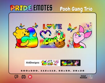 Winnie the Pooh Gang: Pride Emote Trio | Stream Asset For Twitch, Discord & Youtube | Pooh Bear Rainbow Heart + Rainbow Tiger + Piglet Emote