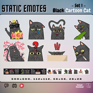 Black Cartoon Cat Emotes - Set 1 | x8 Static Emotes | Cat Lover Stream Asset | GG, Sad, In Love, Puking, Laughing, Questioning, Scared, Sick