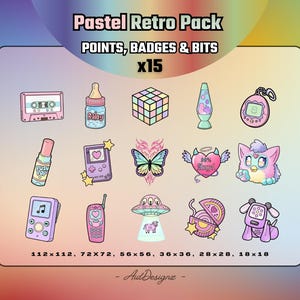 May include: A set of 15 pastel retro digital graphics featuring a cassette tape, baby bottle, Rubik's cube, lava lamp, Tamagotchi, lip gloss, handheld game console, butterfly, heart, Furby, MP3 player, cell phone, UFO, jewelry box, and dog. The image includes the text "Pastel Retro Pack".