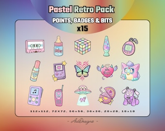 May include: A collection of 15 pastel retro-themed digital graphics, including a cassette tape, baby bottle, Rubik's cube, lava lamp, Tamagotchi, lip gloss, handheld game console, butterfly, heart, Furby, MP3 player, cell phone, UFO, jewelry box, and dog. The image includes the text "Pastel Retro Pack".