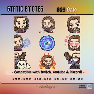 May include: A collection of nine static emotes featuring a cartoon character with brown hair and a beard. The emotes display various expressions and actions, including reading, casting spells, and holding a rose. Text at the bottom reads: "- Compatible with Twitch, Youtube & Discord! -"