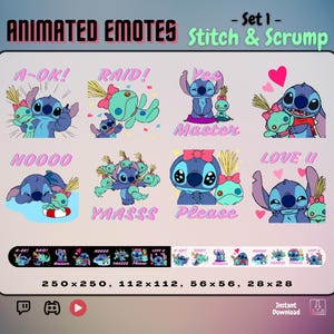 L&S: Stitch n Scrump |x8 ANIMATED Emotes |Stream Asset for Twitch, Discord and Youtube | A-Ok, Raid, Yes Master, Love, No, Yas, Please, Wave