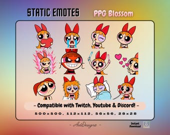 PPG Blossom Emotes (x12) | PowerPuff Cartoon Static Emotes | Streamer Asset for Twitch, Discord, Youtube