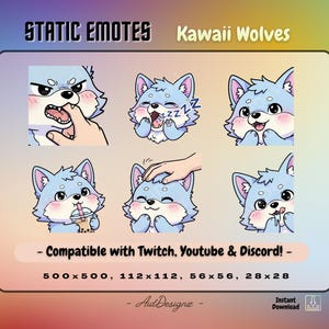 May include: A digital art graphic featuring six Kawaii Wolves emotes in various expressions. The emotes are light blue with pink accents and are compatible with Twitch, YouTube, and Discord. The image includes text that says "STATIC EMOTES" and "Kawaii Wolves".