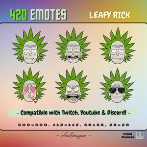May include: A digital download graphic featuring six "Leafy Rick" emotes with various expressions. The emotes have green leafy hair and are compatible with Twitch, YouTube, and Discord. The image includes the text "420 EMOTES" and size specifications.