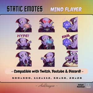 Puede incluir: Gráfico de arte digital con nueve emoticonos estáticos de una criatura púrpura con forma de pulpo con una capa oscura. Los emoticonos incluyen varias expresiones y acciones, con el texto "HYPE!" y "FAIL". La imagen está etiquetada como "STATIC EMOTES" y "MIND FLAYER".