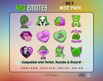 420 Misc Emote Set #2 | Green/Pink/Purple Color Scheme | Stoner Stream Assets