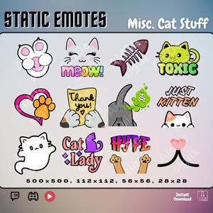 Misc. Cat Stuff Emote Set | x12 Static Emotes | Cute Kawaii Stream Asset | Peace Paw, Meow, Dead Fish, Toxic Kitty, Just Kitten, Cat Lady