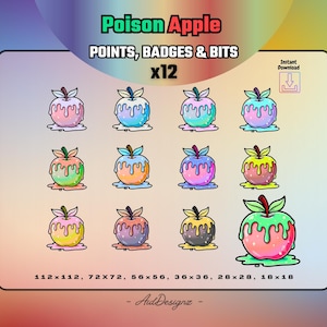 May include: A digital download graphic featuring twelve stylized apple designs with colorful dripping effects. The text "Poison Apple" and "POINTS, BADGES & BITS x12" is displayed at the top. Various sizes are listed at the bottom.
