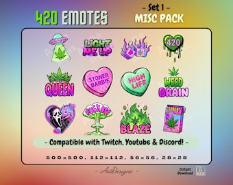 420 Misc Emote Set #1 | Green/Pink/Purple Color Scheme | Stoner Stream Assets