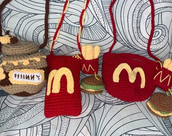 Cartoon Food Crochet Bag Set - Adorable Honey & Fast Food Purse, Kawaii Knitted Shoulder Bag, Y2K Gift for Women, Quirky Novelty Accessor