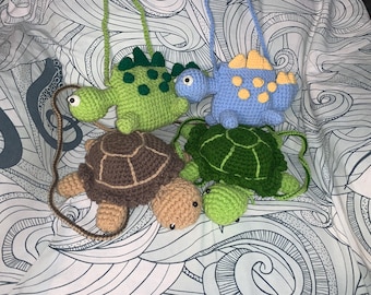 Christmas Animal Backpack Gift - Dinosaur & Turtle Knitted Set, Kawaii Plush Purse for Kids, Cute Cartoon Shoulder Bag