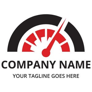 May include: A black and red speedometer icon with a needle pointing to the maximum speed. The text "COMPANY NAME" and "YOUR TAGLINE GOES HERE" is below the icon.