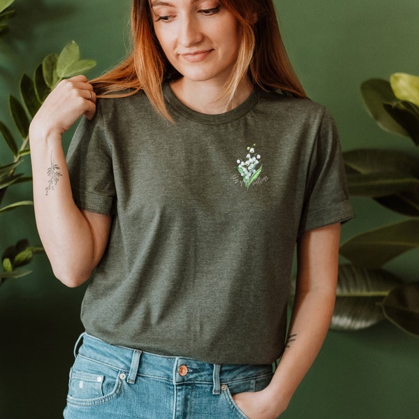 May Birth Month Flower Embroidered TShirt for Women Floral Embroidered T Shirt Birthday Presents Lily of the Valley Shirt