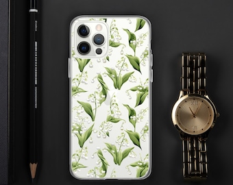 Custodia per iPhone floreale del mese di nascita di maggio, fiore del mughetto, per regali di compleanno di maggio per lei. Custodia per telefono con fiori di nascita di maggio, custodia trasparente per iPhone.