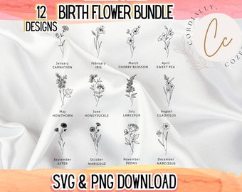 Mois de naissance Fleur SVG Bundle Fleur de naissance svg, Botanique svg, Fleur sauvage svg, Floral svg, Fleur de naissance PNG Fleur à tige unique