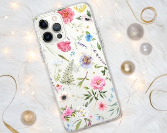 Capa de flor selvagem para iPhone, capa de telefone de flor, capa floral para iPhone, capa de telefone transparente, presentes para ela