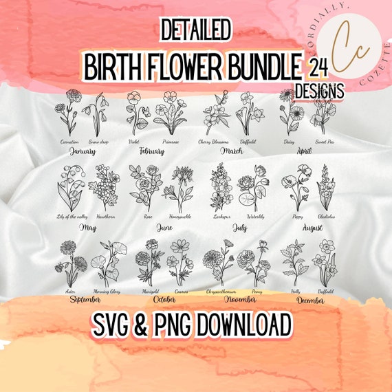 Birth Month Flower SVG Bundle Birth Flower svg, Botanical svg, Wildflower svg, Floral svg, Birthflower PNG