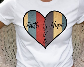 Retro Faith Hope and Love Heart-Shaped Christian T-Shirt, Retro Christian T-Shirt, Heart-Shaped Christian Tee, Perfect for Valentine's Day T