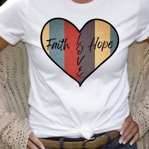 Retro Faith Hope and Love Heart-Shaped Christian T-Shirt, Retro Christian T-Shirt, Heart-Shaped Christian Tee, Perfect for Valentine's Day T image 1