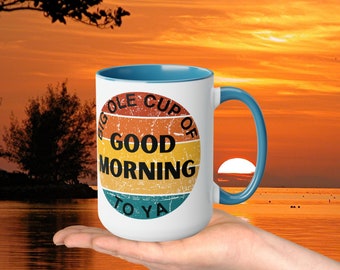 Big Ole Cup of Good Morning To Ya 15 oz Two-Tone Mug - Positive Motivational Gift for Coffee Drinkers in Vintage Florida Colors