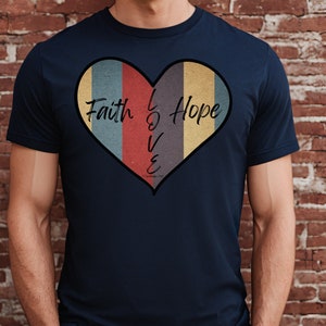 Retro Faith Hope and Love Heart-Shaped Christian T-Shirt, Retro Christian T-Shirt, Heart-Shaped Christian Tee, Perfect for Valentine's Day T Navy