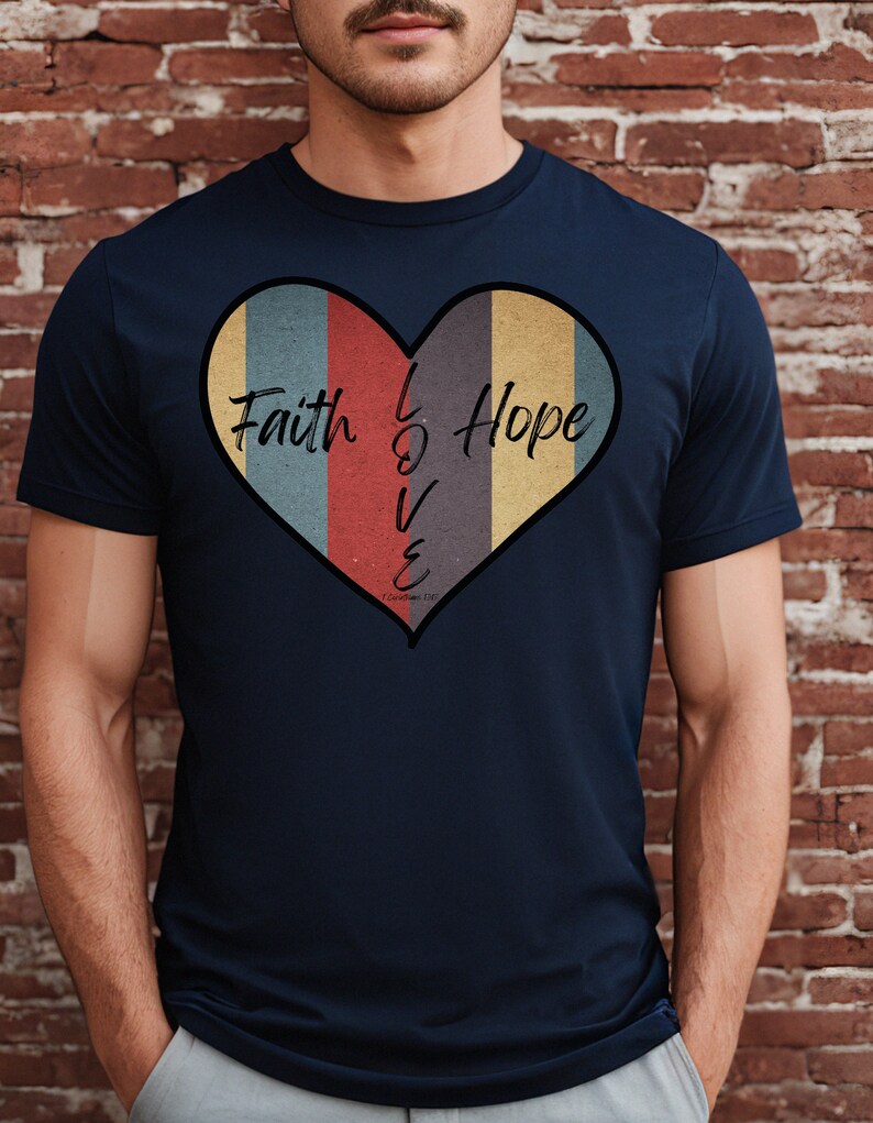 Retro Faith Hope and Love Heart-Shaped Christian T-Shirt, Retro Christian T-Shirt, Heart-Shaped Christian Tee, Perfect for Valentine's Day T Navy