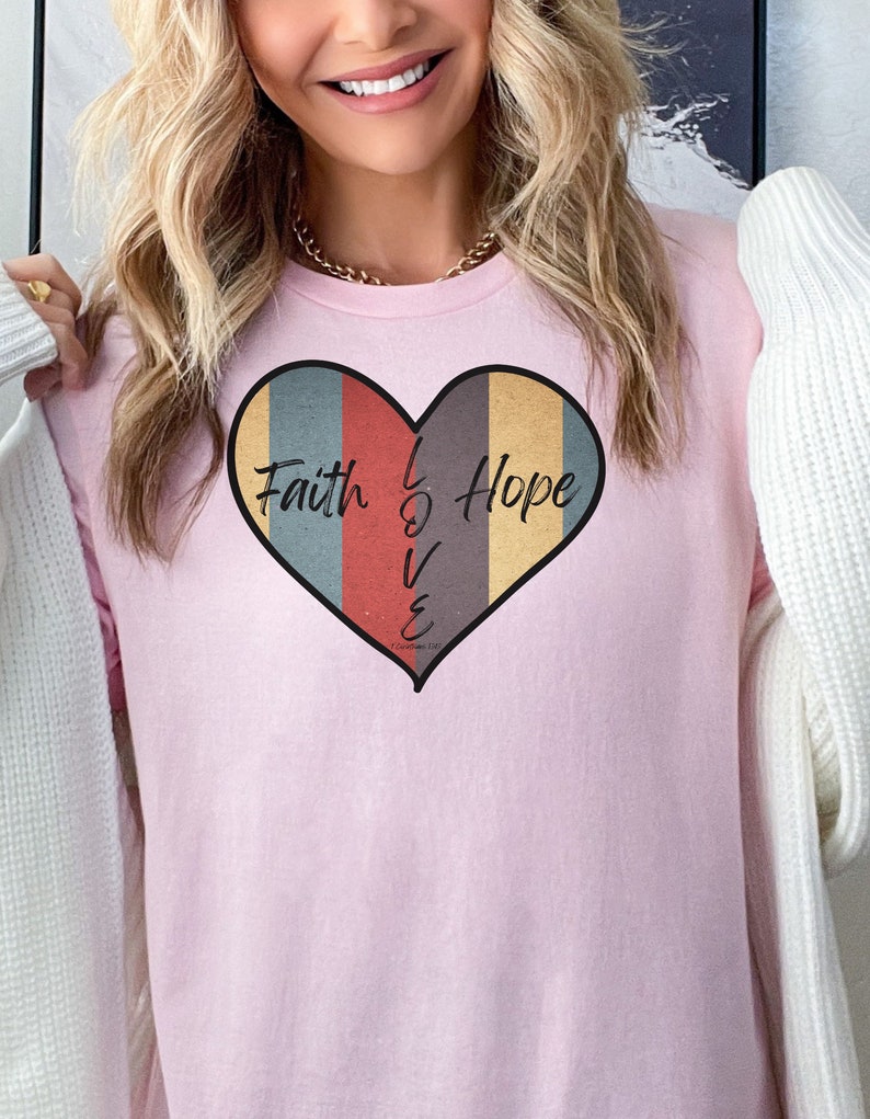 Retro Faith Hope and Love Heart-Shaped Christian T-Shirt, Retro Christian T-Shirt, Heart-Shaped Christian Tee, Perfect for Valentine's Day T Pink