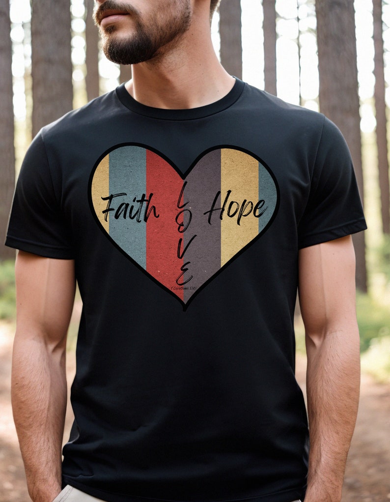 Retro Faith Hope and Love Heart-Shaped Christian T-Shirt, Retro Christian T-Shirt, Heart-Shaped Christian Tee, Perfect for Valentine's Day T Black
