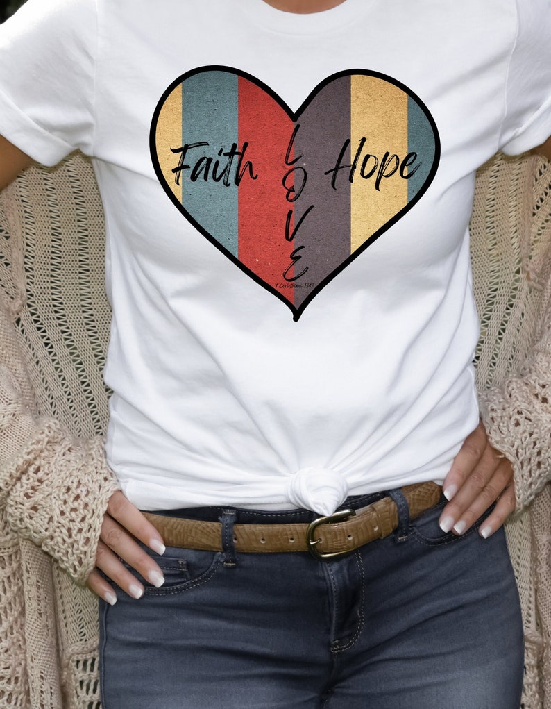 Retro Faith Hope and Love Heart-Shaped Christian T-Shirt, Retro Christian T-Shirt, Heart-Shaped Christian Tee, Perfect for Valentine's Day T Bild 1