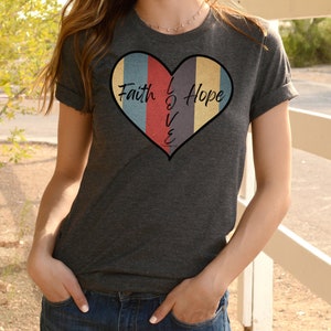 Retro Faith Hope and Love Heart-Shaped Christian T-Shirt, Retro Christian T-Shirt, Heart-Shaped Christian Tee, Perfect for Valentine's Day T Dark Grey Heather