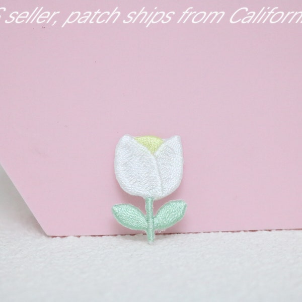 little tiny tulip patch, white flower, sew on patch, iron on patch, embroidered patch, patch for jacket, patch for jeans,applique,