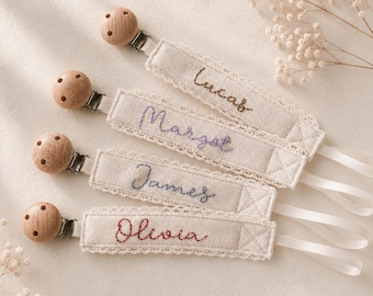 Custom Embroidered Pacifier Clip, Personalized Dummy Holder, Cotton Paci Clip, Neutral Baby Gift, Handmade Baby Accessory