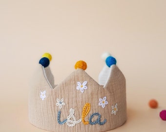 Custom Muslin Birthday Crown for First Birthday| Personalized Gifts with Hand Embroidered Baby Name for kid| Keepsake| First birthday outfit
