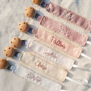 Personalized pacifier clip holder, Personalized fabric pacifier clip with wooden clip,hand embroiered name,baby shower gift