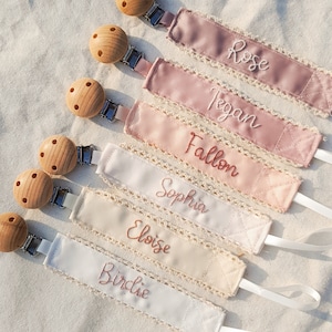 Personalized pacifier clip holder, Personalized fabric pacifier clip with wooden clip,hand embroiered name,baby shower gift