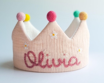 Birthday crown MUSLIN for baby and children,hand embroidery name crown,fabric crown,Keepsake for First Birthday Party and Special Occasions