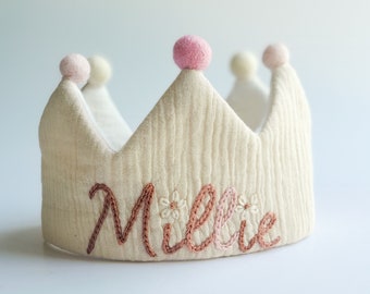 Personalized Muslin birthday crown,name crown, Party crown with hand Embroidered name,Keepsake for First Birthday Party and Special Occasion