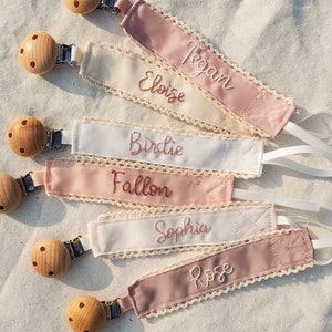 Personalized pacifier clip holder, Personalized fabric pacifier clip with wooden clip,hand embroiered name,baby shower gift