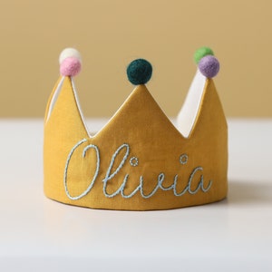 Linen crown for kid&#39;s birthday,name crown,hand embroidered crown,Personalized Gift,Keepsake for First Birthday Party and Special Occasions