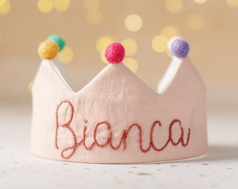 Corona ricamata a mano per il compleanno di neonati e bambini, corona con nome, regalo personalizzato, ricordo per la festa del primo compleanno e occasioni speciali