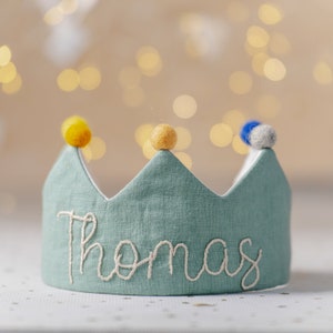Corona ricamata a mano per il compleanno di neonati e bambini, corona con nome, regalo personalizzato, ricordo per la festa del primo compleanno e occasioni speciali