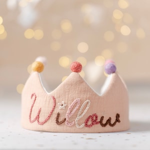 Personalized Muslin birthday crown, Party crown with hand Embroidered name,Keepsake for First Birthday Party and Special Occasions