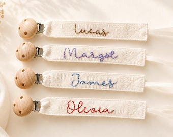 Personalized Pacifier Clip, Hand Embroidered Baby Gift, Cotton Herringbone Dummy Clip, Custom Baby Name Paci Holder, Baby Shower Gift