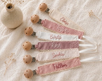 Custom Embroidered Baby Pacifier Clip, Name Dummy Holder, Ribbed Ribbon Clip, Handmade Newborn Gift