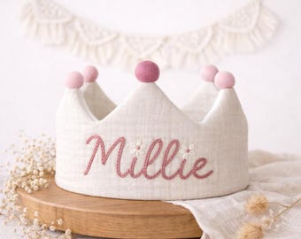 Hand Embroidered Muslin Birthday Crown, Personalized Name Keepsake