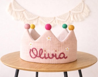 Birthday crown MUSLIN for baby and children,hand embroidery name crown,fabric crown,Keepsake for First Birthday Party and Special Occasions