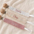 Hand Embroidered Name Pacifier Clip, Personalized Baby Dummy Holder, Ribbed Ribbon Soother Clip, Neutral Baby Gift product logo