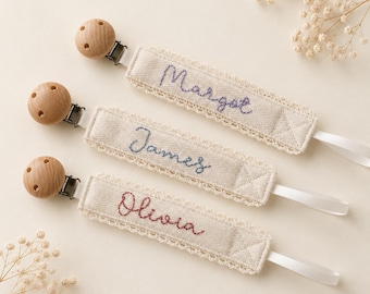 Personalized Pacifier Clip, Hand Embroidered Baby Gift, Cotton Herringbone Dummy Clip, Custom Baby Name Paci Holder, Baby Shower Gift